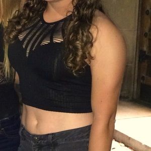 Black crop top with open detailed neck line